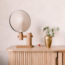 Abat-jour GALAXI lin naturel monté sur un pied de lampe  en bois vintage 1920